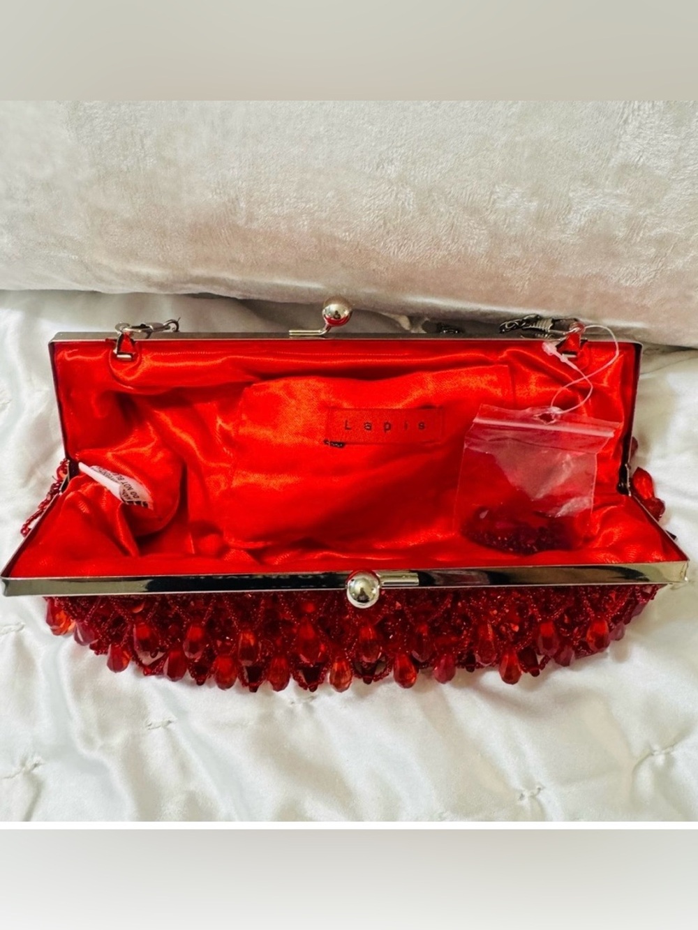 Lapis Red Beaded Evening Clutch with Silver Chain - Picture 3 of 5